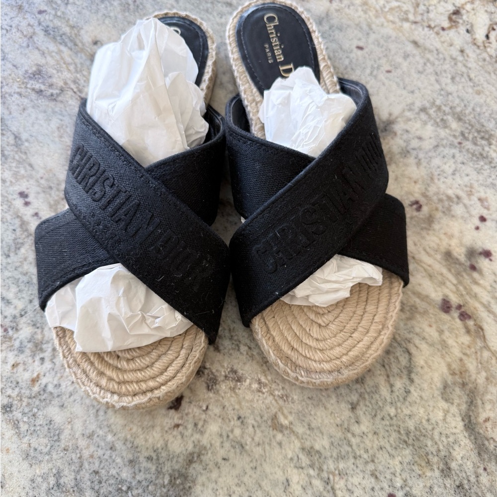 Dior Black Canvas Crisscross Espadrille Slide Sandals